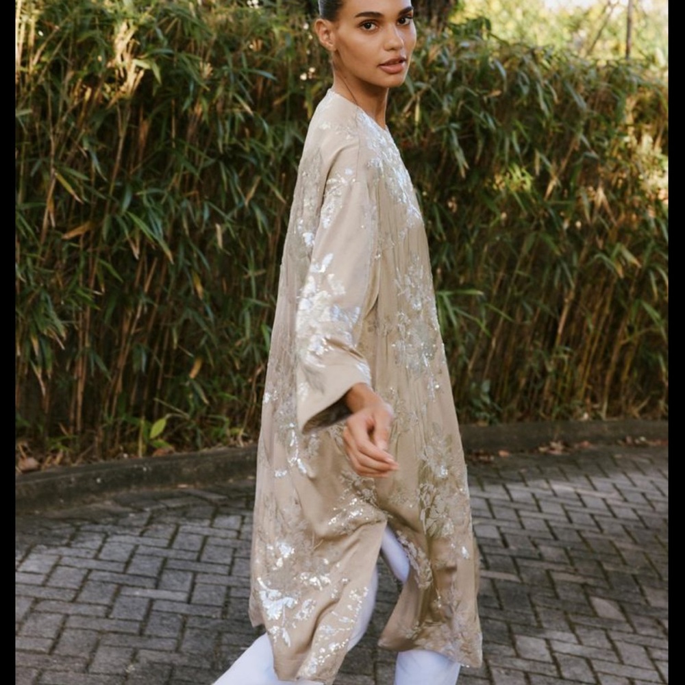 Beige Embellished Long Kimono Jacket